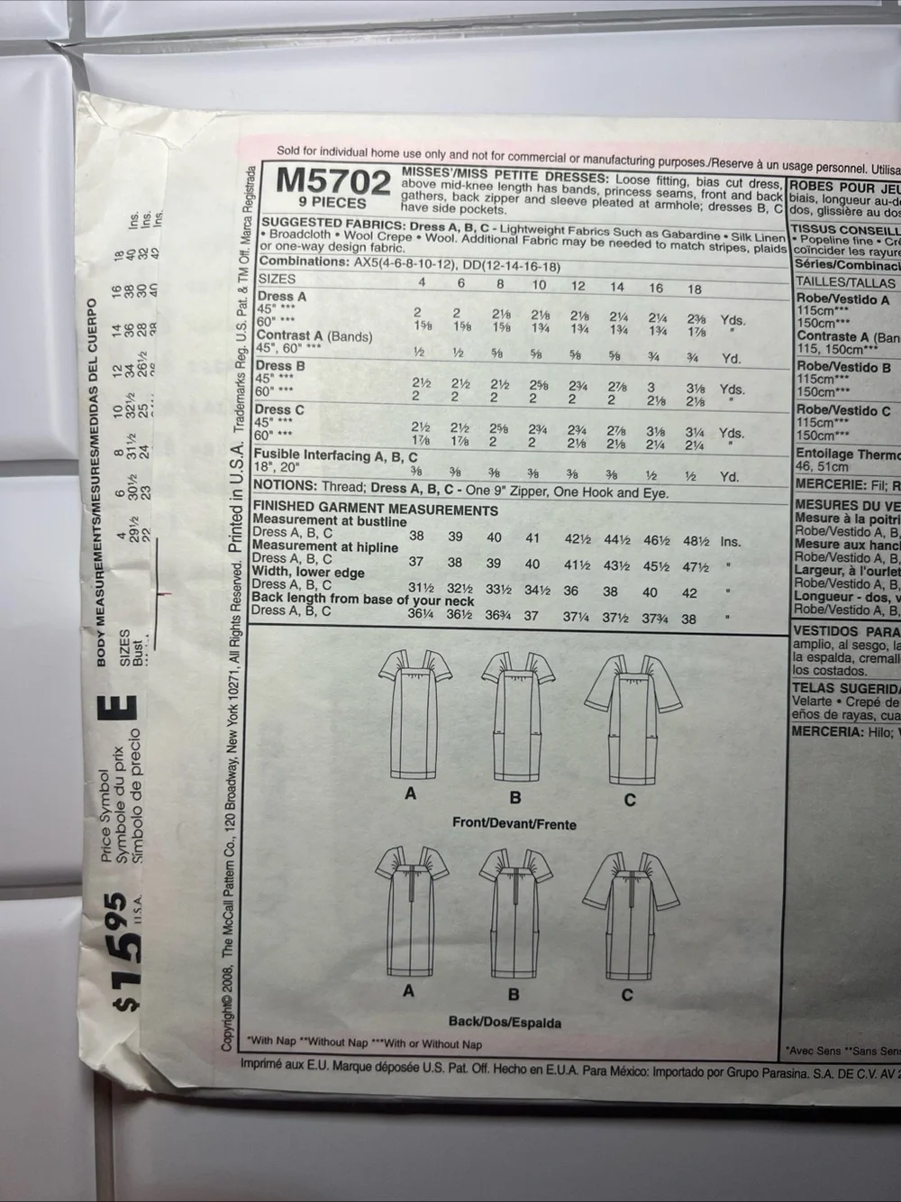 McCall’s M5702 Sewing Pattern AX5 Women’s Fashion Sewing Pattern